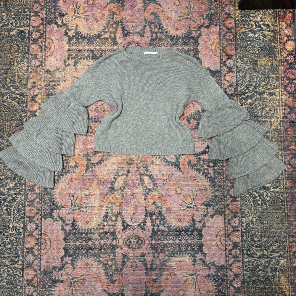 Boho Gray Ruffle Bell Sleeve Sweater